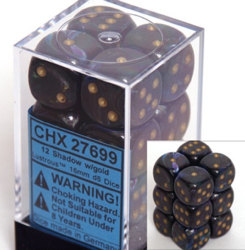 Chessex Dice d6 Sets: Lustrous Shadow with Gold - 16mm Six Sided Die (12) Block of Dice