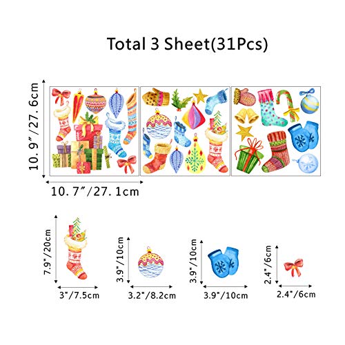IARTTOP Colorful Christmas Supplies Wall Decal, Watercolor Christmas Socks Gloves Window Clings Decorations Bell Sticker for Kids Room Bedroom Decor (31Pcs)