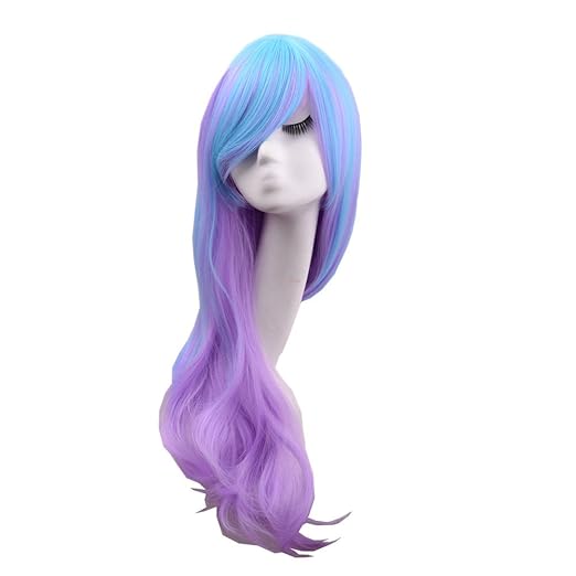HoseE Damen 80 cm lang Blend blau violett mehrfarbig Lolita Maid Cosplay Kostüm Curly Wave Perücken