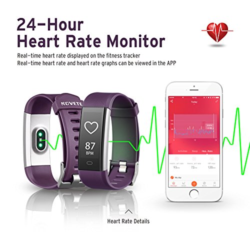 Fitness Tracker, NOVETE Bluetooth 4.0 Heart Rate Monitor Bracelet, IP67 Waterproof, Touch Screen, Smart Wristband, Pedometer Sports Activity Tracker Smart Watch for Android and IOS Smartphone (Purple) - Thumbnail 2