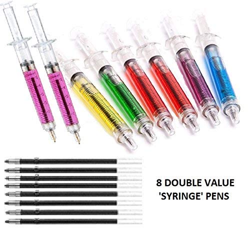8 Double Value Syringe Pens. Mix of Colours with extra refills. Ideal for Nurses, Costumes, Fancy Dress, Halloween