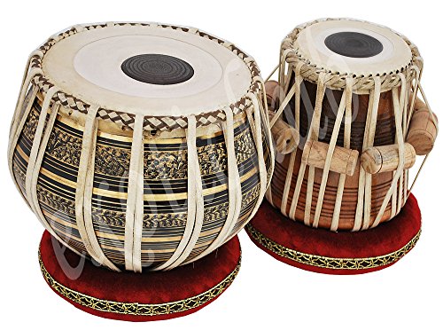 Tabla Drum Set, 2.5 Kg Black Painted Designer Brass Bayan, Beautiful Look, Sheesham Wood Dayan, Hand Made Drum Skin, Camel Leather Strap to Tune, Comes with Tuning Hammer, Gig Bag, Cushion & Cover - Thumbnail 4