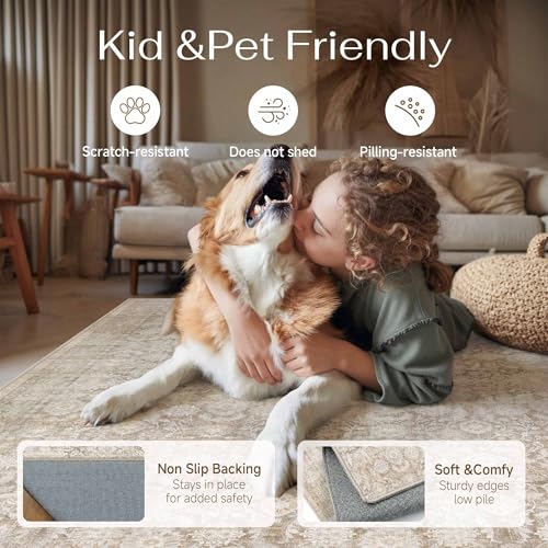 PureCozy 8x10 Beige Washable Neutral Area Rugs Living Room décor Floral Distressed Large Throw Rug Non Slip Stain Resistant Rugs Low Pile Soft Carpet Dining Room Bedroom Office Farmhouse Playroom