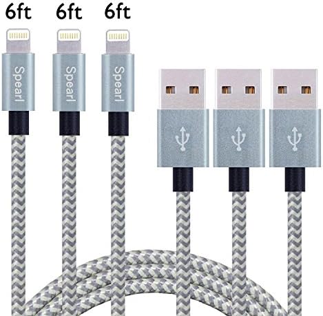 Spearl 3Pcs 2M/6FT Extra Long Nylon Braided Charging Cable Cord 8-Pin Lightning to USB Cable Charger Compatible with iPhone 7/ 7 Plus/6/6s/6 plus/6s plus, iPhone 5/5s/5c,iPad, iPod(Gray+silver)