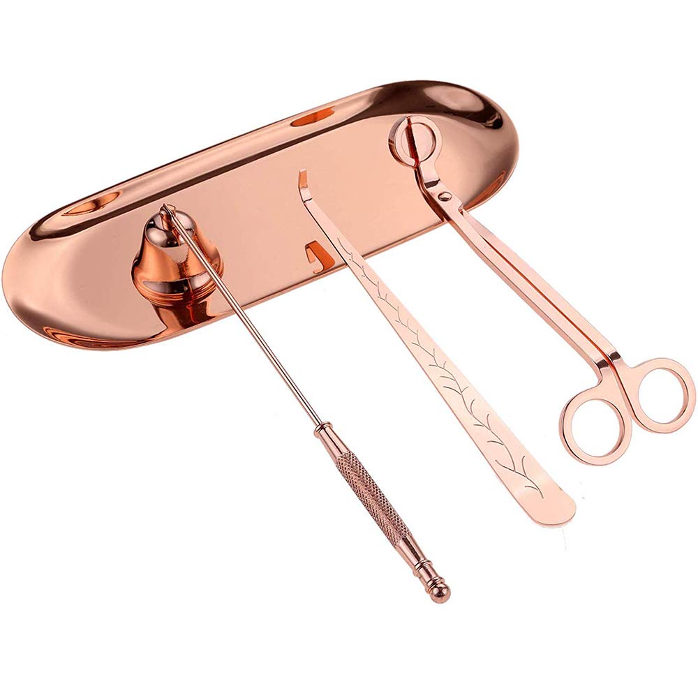Candle Accessory Set - 4Pcs Care Tools With Wick Trimmer, Dipper, Snuffer and Storage Tray Plate for Candle Lovers (Rose Gold)