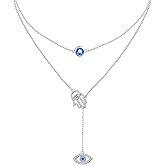 HOOHWE Blue Evil Eye Necklace for Women 925 Sterling Silver Double Chain Protection Hamsa Hand Y Layered Fatima Necklaces Pendant Jewelry Gifts
