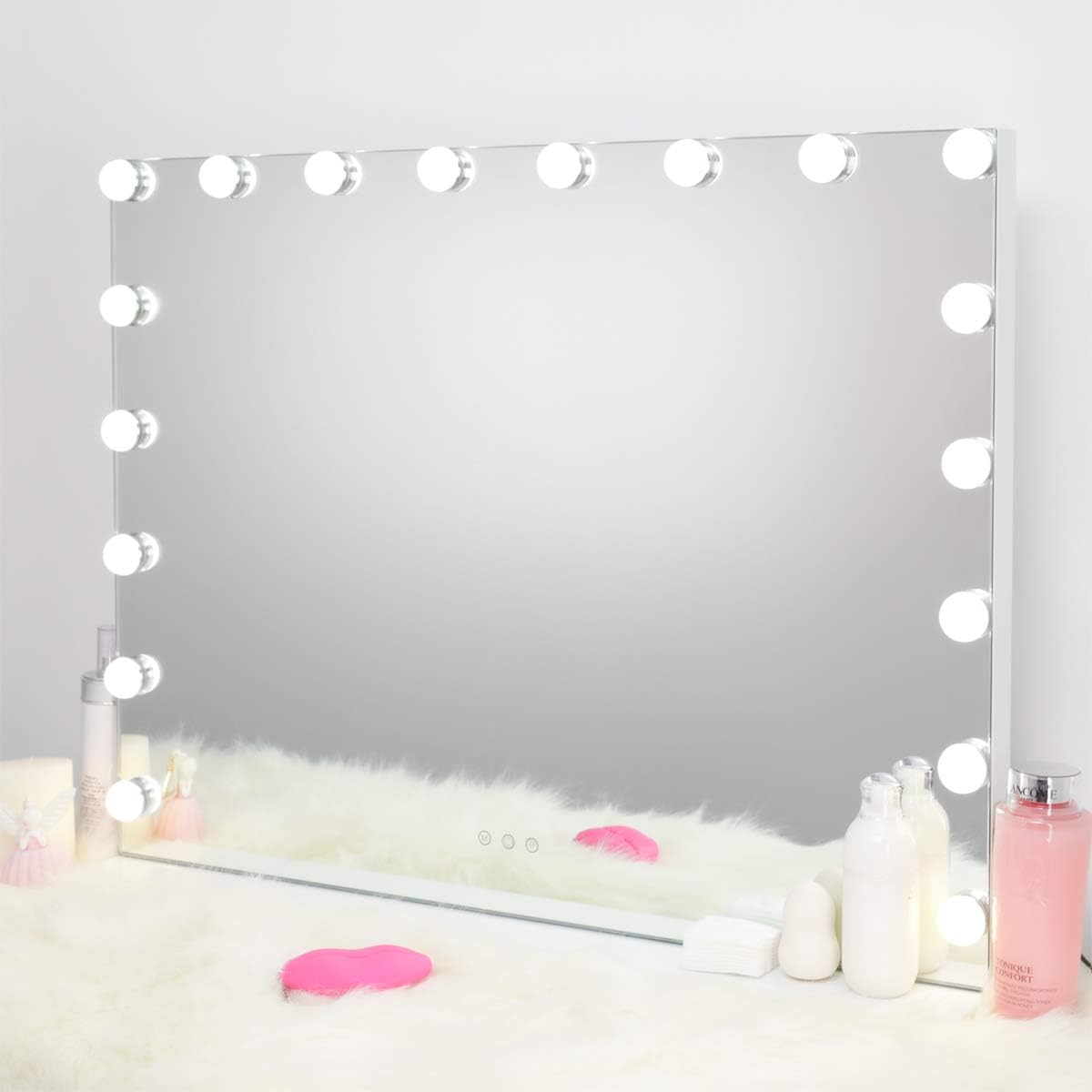 AMST Large Hollywood Vanity Mirror with Lights, Dimmable 18pcs Lights Makeup Mirror, Touch Screen Wall Mounted Mirror with 3 Color Modes, USB Port, White, L31.5 X H23.62 Inch