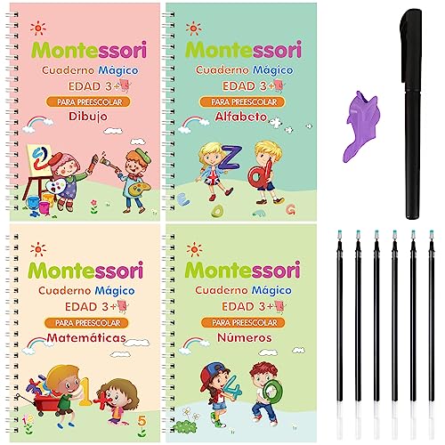 Larcenciel Reusable Spanish Calligraphy Notebooks, 4 Books + 1 Pen + 5 Refills, Magic Book for Learning to Write Reading from Children 3 4 5 Years (13 × 19cm)