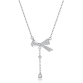 SLUYNZ 925 Sterling Silver Bow Y Necklace for Women Teens CZ Bow Y Necklace Chain Bow Pendant Necklace for Mother Wife