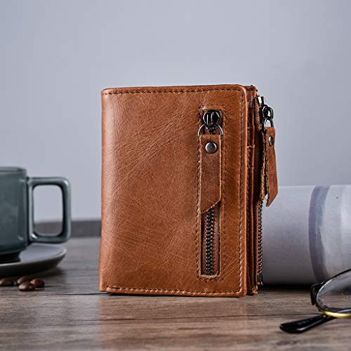 Yomiafy Men Women Multi-function Card Holder Wallet Genuine Leather Double Zipper Purse with Front Pocket - Thumbnail 3