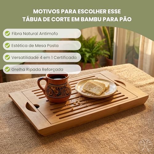 Tábua de Corte Bambu com Migalheira e Bandeja 4 em 1 | Bambu natural prensado, sulco coletor de migalhas, alças laterais, uso como fruteira ou suporte de panela, 36,8x22 cm