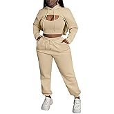 Aceilika Women 3 Piece Sweatsuit Set Sexy Long Sleeve Pullover Cropped Hoodie Tank Top and Jogger Sweatpants Tracksuit