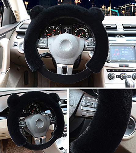Cxtiy Universal Fluffy Steering Wheel Cover Fashion Cute Cartoon Shape Winter Car Warm Covers for Women Girls (15 inch, Black)
