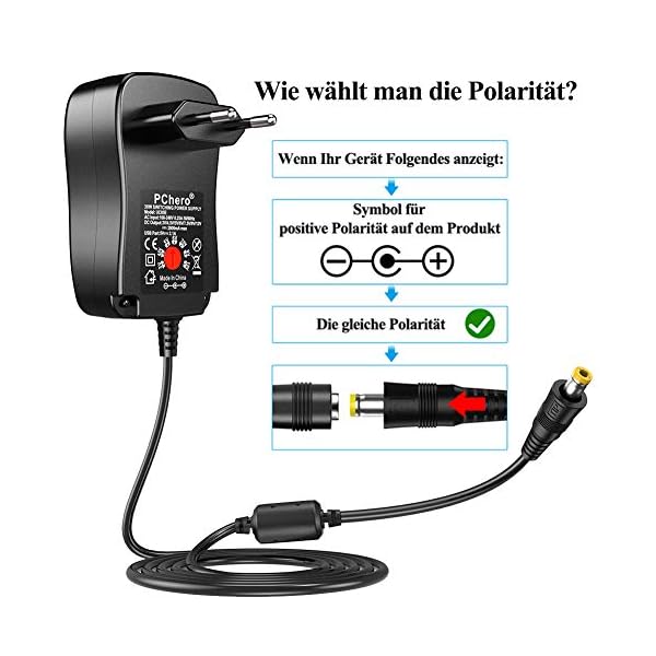 PChero 30W Universal AC/DC Adapter Schaltnetzteil mit 9pcs Adapter Tipps, enthält Mini & Micro USB Stecker, für 3V bis 12V Haushaltselektronik und LED-Streifen - 2000mA max – Bild 3