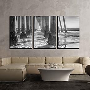 3 Piece Canvas Wall Art - A Black and White Shot Looking Out from Under The Huntington Beach Pier - Modern Home Art Stretched and Framed Ready to Hang - 16"x24"x3 Panels