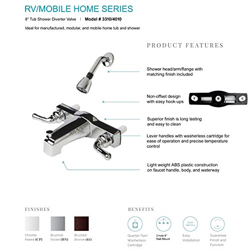 Builders Shoppe 3310BZ/4010BZ Mobile Home Two Handle Non-Metallic 8" Tub Shower Diverter with Shower Head/Arm/Flange Brushed Bronze Finish