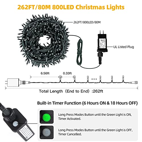 Tcamp Outdoor Christmas Lights Warm White, 262FT 800 LED Christmas Tree