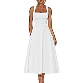 Kaximil Women's Square Neck Corset A Line Maxi Dress Ruffle Ruched Waist Flowy Long Dresses, Large, White