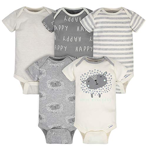 Gerber Baby Organic 5Pack ShortSleeve Onesies Bodysuits, Grey Lamb, 3