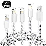 VIVK Charger Cable 4 Pack 10FT 6FT 6FT 3FT Long Nylon Braided USB Fast Charging &amp; Syncing Cord Compatible for iPhone X iPhone 8 8 Plus 7 7 Plus 6s 6s Plus 6 6 Plus iPad iPod Nano Silver