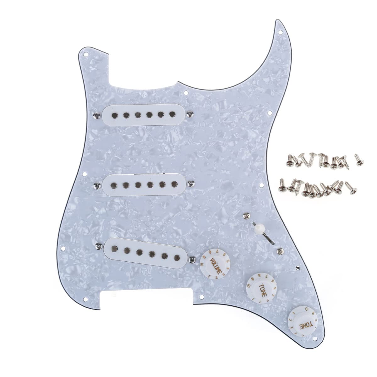 Musiclily 11 Hole SSS Prewired Loaded Pickguard with Single Coil Pickups Set for Strat Style Guitar, 4Ply White Pearl — image 1