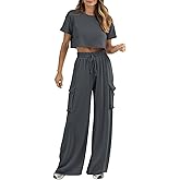 PEIARA Womens 2 Piece Lounge Sets Summer Short Sleeve Crop Tops Two Piece Outfits Wide Leg Palazzo Pants Set Tracksuits