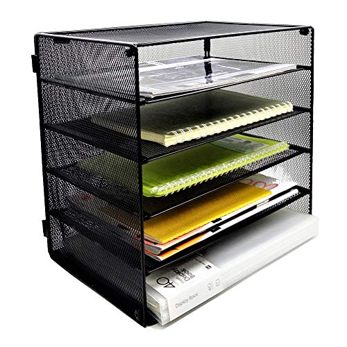 GDinDinFan Mesh Desk Organizer File Paper Documents Letter Tray with 5 Stackable Sorter,Black - Thumbnail 4