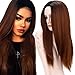 Ombre Synthetic Wigs Brown Natural Looking 2 Tone Black Roots Long Straight Dark Brown Wig Heat Resistant Wigs with Wig Cap (Brown)