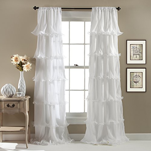 Lush Decor Nerina Curtain Sheer Ruffled Textured Window Panel for Living, Dining Room, Bedroom (Single), 84 by 54-Inch, White