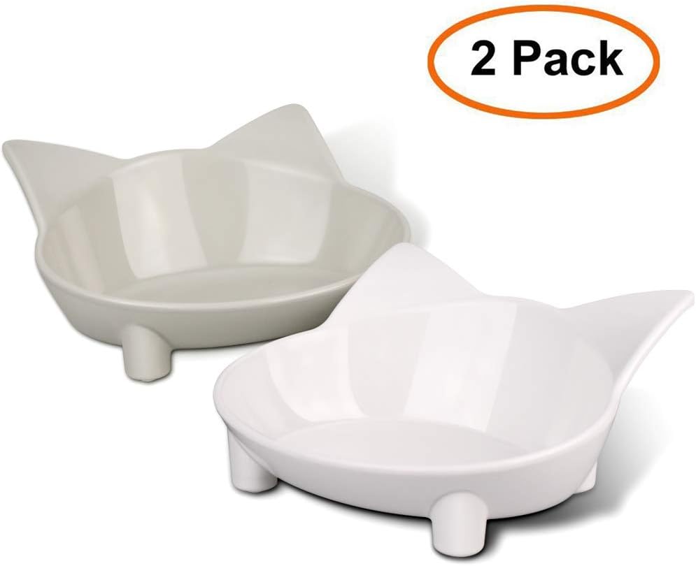 Comsmart 2 Pack Cat Bowls, Multi-purpose Pet Feeding Bowl, Anti-slip Cat Shaped Food and Water Feeder for Cats (White/Grey)