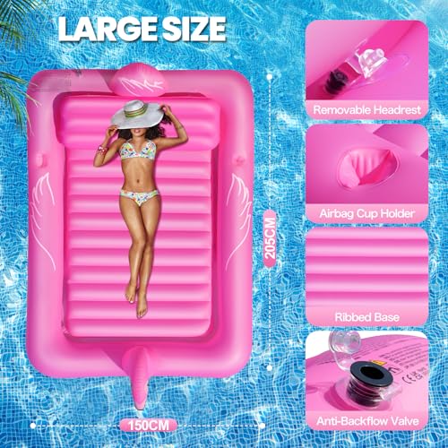 DeeprBetter Swimming Pool Mat for Adults, Flamenco Inflatable Pool Mat with Coasters, Large Inflatable Pool Mat 205 x 150 cm, Floats for Adults Pools with Pillow Beach Mats