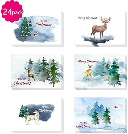 Amazon グリーティングカード封筒 大量メリークリスマスグリーティングカード 24水彩画クリスマスデザインブランク内側4 X 6インチ ホワイト封筒 紙製品 文房具 オフィス用品