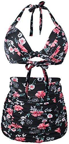 Qiaoer Women Plus Size Vintage Polka Dot Halter High Waisted Bikini Swimsuit Set (L(6-8), Black 2)
