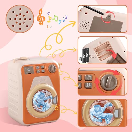 Uniiking Kids Washing Machine Toy with Real Spin & Dryer, Pretend Play Laundry Set 2 Doll Clothes 3 Clothes Rack and Lights & Sound Effects for Ages 3+ STEM Learning Gift for Girls and Boys