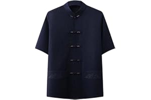 Cambkatl Men's Short Sleeve Kung Fu Shirts Chinese Traditional Tai Chi Mandarin Collar Frog-Button Shirt