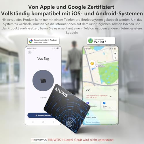 ATUVOS New Dual System Air Tag Card Pro for Android & iOS, Rechargeable Wallet Tracker Card Compatible with Google Find My Device or Apple Where? App, Item Finder, Thin 1.6 mm, Pack of 2