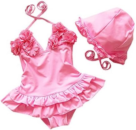Baby Girls Flower Flounced One Piece Swimsuit With Hat pink-XXL(4/5)