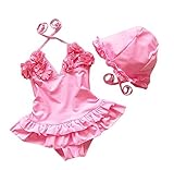 Baby Girls Flower Flounced One Piece Swimsuit With Hat pink-L(2/3Y)