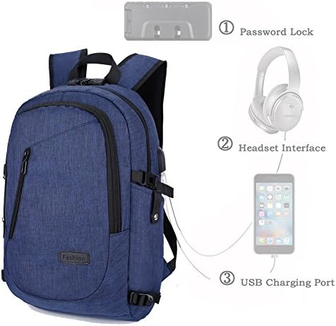 ZCL Anti-Theft Business Laptop Backpack with USB Charging Port 15.6 inch, Men Women Youth Casual Travel Carry-On College School Computer Bag Pack,with Reflective Rain Cover, Navy Blue