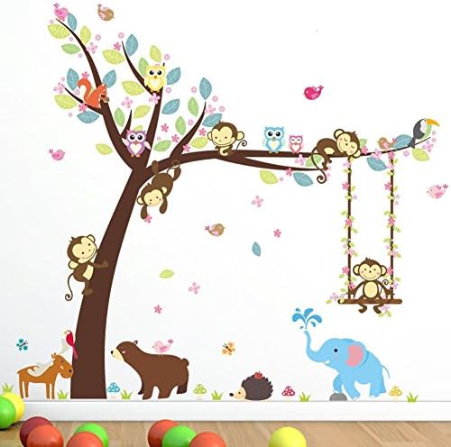 Animoeco Animal Wall Decals Jungle Themed Decor Vivid Removable Cartoon Baby Kids Rooms Decoration For Nursery Room, Kitchen, Offices etc (Animal Wall Stickers)