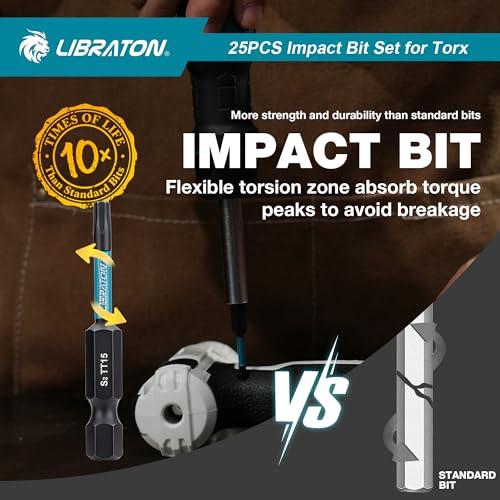LIBRATON 25 x Torx Security Bits (T7-T40), Tamper Proof Screwdriver Bit, S2 Screw Bits with Magnetic Ends (1" and 2"), Magnetic Bit Holder and Storage Box