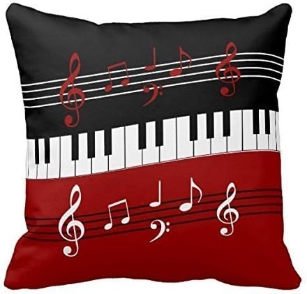 Decorative Cushion Cover Stylish Red Black White Piano Keys and Notes Throw Pillow Case 20X20 Inchess