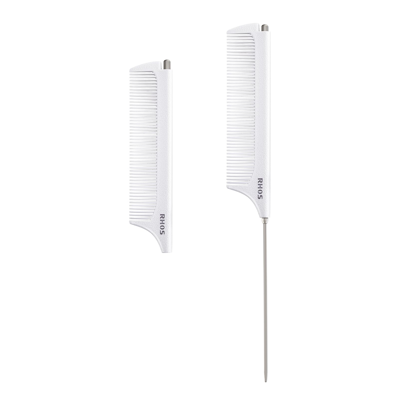 Photo 1 of RHOS Carbon Retractable Rat Tail Parting Comb - Portable Fine Tooth Teasing Comb for Styling, Hair Cutting, Braiding with Stainless Steel Pin Tail - White
