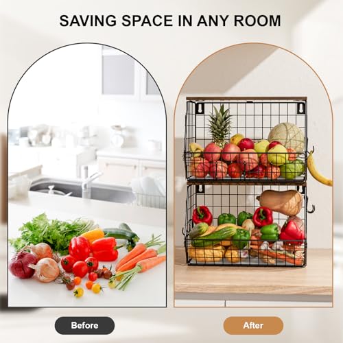 Gaethra 2 Pieces Kitchen Fruit Bowls 30 x 16.5 x 20 cm Removable and Foldable with Banana Hook and Wooden Lid Fruit Basket Rack Baskets for Fruits, Organize Kitchen and Store Vegetables (Black)