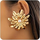 Dainty Large Flowers Pearl Earrings for Women Fashion Oversized Vintage Petal Pearls Dangle Statement Earring Trendy Plus Size Big Petal Stud Jewelry