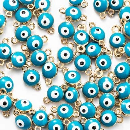 16 pieces Lucky Eye Turkey Evil Eye Gold Tone Charms Connectors Light Blue Beads 5mm - 10mm (CB239)