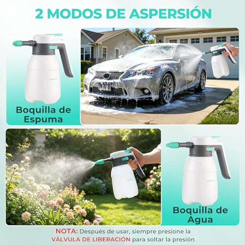 HAUSHOF Espumador Eléctrico para Coche 1,8L, Pulverizador de Espuma 2 en 1 | Inalámbrico 8V, 2 Boquillas Ajustables, Uso sin Bombeo Manual, Incluye Detergente, Guantes y Toalla