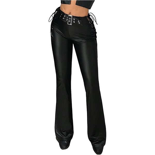 SEMATOMALA Women's Lace Up Front Faux Leather Flare Pants High
