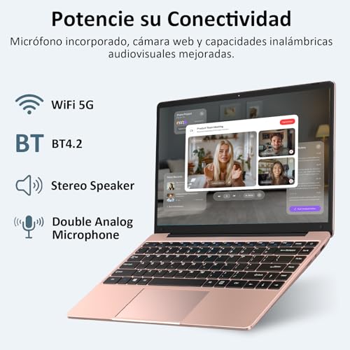 bvate 2026 Ordenador Portátil 14 Pulgadas hasta 2,8 GHz Celeron 256GB SSD PC Portátils Soporta 1TB SSD Expansión con Ratón Inalámbricopara Trabajo-Estudio-Aprendizaje 1080 Mini Puerto Multimedia-Oro