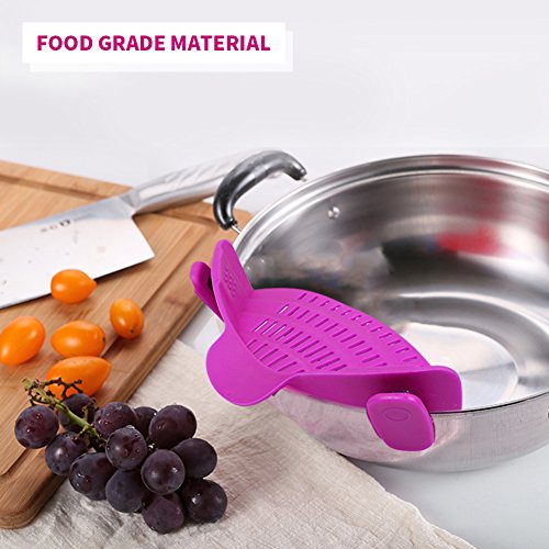Hoofun Clip-on Silicone Colander, Snap Strainer Colander BPA Free for Spaghetti, Noodles, Pasta, Fruit, Ground Beef- Adjustable Food Grade Filter and Sieve Snaps on Bowls, Pots and Pans (Purple)